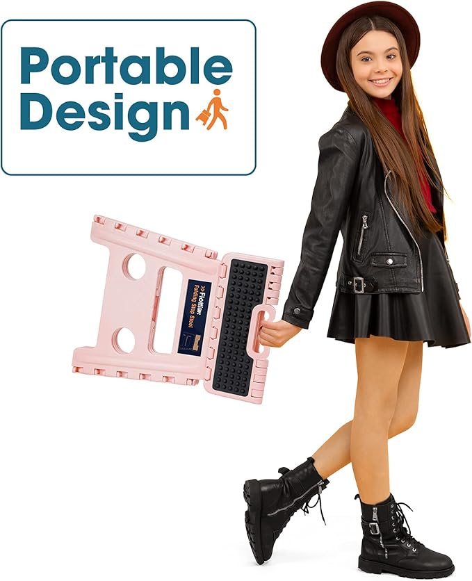 Flottian 13" Folding Step Stool for Adults and Kids Holds Up to 300 lbs,Non-Slip Folding Stools with Handle, Compact Plastic Foldable Step Stool for Bathroom,Bedroom, Kitchen,Sakura Pink,1PC