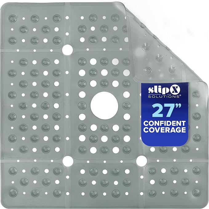 SlipX Solutions 27" Oversize Square Shower Mat, Non-Slip Mat for Elderly & Kids, 100+ Power Grip Suction Cups for Smooth Surfaces, Machine Washable, Translucent Gray