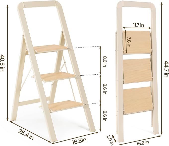 3 Step Ladder, Folding Step Stool with Wide Anti-Slip Pedal, 450lbs Sturdy Steel Ladder, Convenient Handgrip, Lightweight, Steel Step Stool