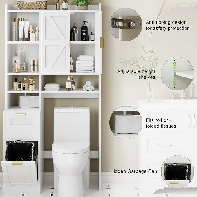 Einhomn Over the Toilet Storage Cabinet with Hidden Odor-Proof Trash Can&Toilet Paper Holder Combo–10 Storage Spaces, All-in-One Bathroom Rack for Bathroom, Laundry, White