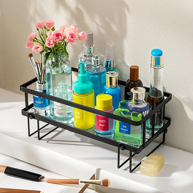 PowerKing Over The Toilet Storage Shelf, Bathroom Organizer Rack with 2 Hooks, No-Drill, Rust-Resistant Steel, Toilet Paper Holder for Restroom Bathroom, Black