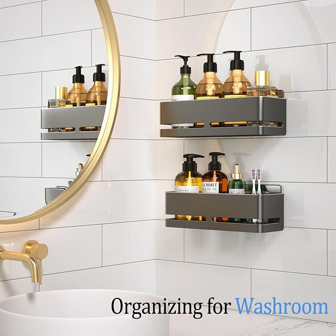 Shower Caddy, 2-Pack Shower Shelf, Heavy-Duty Bathroom Storage Shelf, Large Capacity No-Drill Bathroom Organizer, Gray Metal Storage Basket, Adhesive Installation