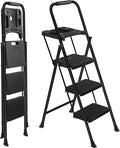 3-Step Ladder with Tool Tray, Folding Step Stool with Wide Anti-Slip Pedal, Heavy Duty Steel 330 lbs Load Capacity for Home, Attic, Office, Garage, Shop, Black