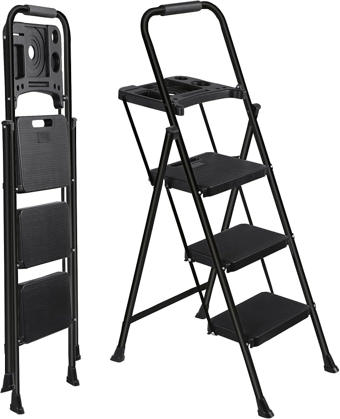 3-Step Ladder with Tool Tray, Folding Step Stool with Wide Anti-Slip Pedal, Heavy Duty Steel 330 lbs Load Capacity for Home, Attic, Office, Garage, Shop, Black