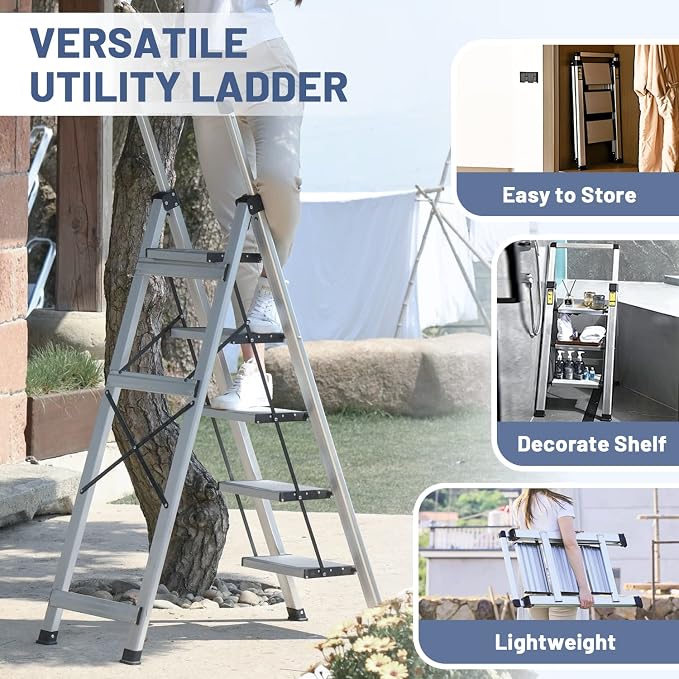 XinSunho 5 Step Ladder, Retractable Handgrip Folding Step Stool with Anti-Slip Wide Pedal, Aluminum Stool Ladders 5 Steps, 330lbs Safety Household Ladder