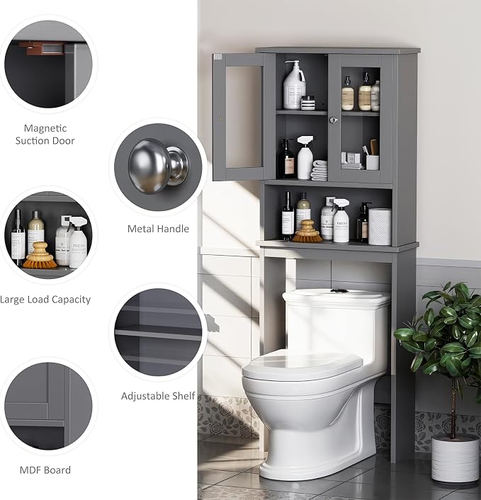 Over the Toilet Storage Cabinet, Bathroom Storage Cabinet Over Toilet, Space Saver with 2 Tempered Glass Doors, Grey