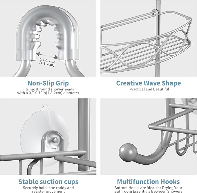 GAOKASE Shower Caddy Hanging 3 Tier with Two Movable Baskets, Grey Shower Caddy with Hooks for Towels, Sponge and More