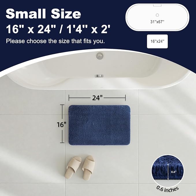 TYUU Navy Blue Bathroom Rugs, Ultra Soft Bath Rugs Non Slip Washable, Super Absorbent Quick Dry Small Bath Mat with Rubber Backing for Bathroom Floor, Shower, or Sink, Navy Blue 16" x 24"