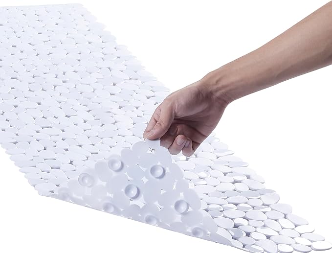 Webos Bath Shower Mat Non Slip: Extra Large Pebble Bathtub mat for Kids, Elderly, Anti Slip Shower Matt with Drain Holes Suction Cups Tub Mat - 16 X 40 Inch White