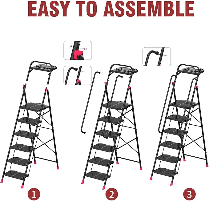 6 Step Foldable Step Ladder with Roomy Tool Tray & Secure Handrail, Wide Pedals Platform Stool 800lbs Capacity for Adults Home Kitchen