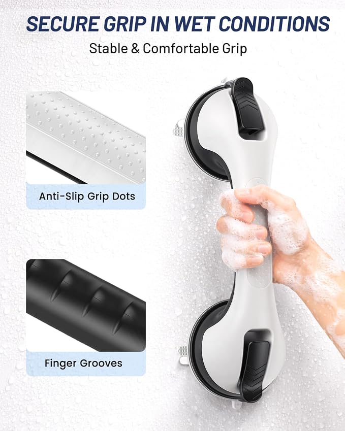Gel-Enhanced Shower Grab Bar for Bathtubs and Showers, Heavy Duty Suction Cup Shower Handle for Seniors and Elderly, No Drilling Removable Bathroom Safety Bar for Tub Support, Black/W