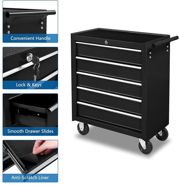 TUFFIOM 5-Drawer Rolling Tool Chest w/Drawers & Lock, Tool Storage Cabinet with Lockable Wheels, Top Cushion & Drawer Liners, Tool Organizer Box for Garage, Warehouse & Repair Sho
