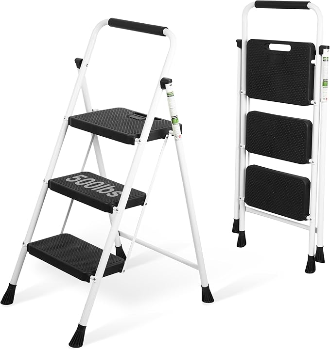 Step Ladder, Portable Steel Folding Step Stool with Wide Anti-Slip Pedal & Convenient Handgrip, Sturdy Steel Ladder, 3-Step, White