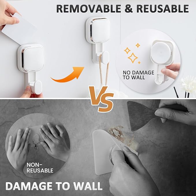 LEVERLOC Suction Cup Hooks for Inside Shower 4 Pack, Versatile Powerful Vacuum Suction Shower Holders for Towel, Loofah, Clothes, Damage Free Wall Hanging Bathroom Hooks, Easy to Install, White