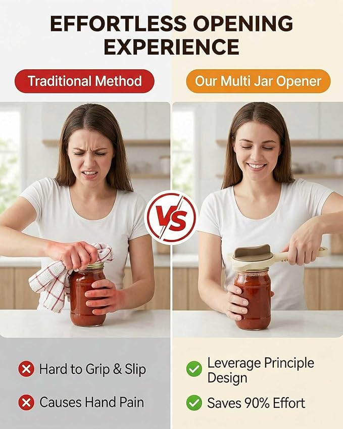 Jar Opener – 4-in-1 Adjustable Stainless Steel Secure Grip Lid Remover for Jars, Bottles & Cans, Multifunctional Kitchen Tool