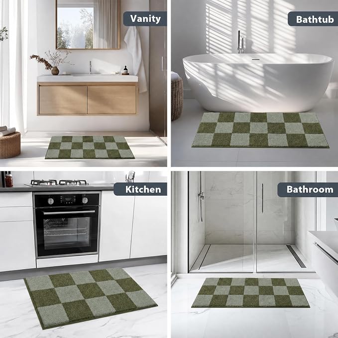 anllugs Bathroom Rugs 24" x 36", Non-Slip Extra Soft Absorbent Bath Rugs, Machine Washable Quick Dry Bath Mats for Bathroom Floor, Shower, Bathtub and Sink, Checkered Budding Green & Sage Green