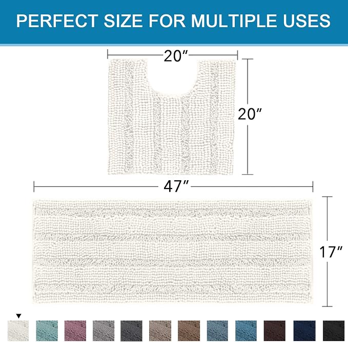 H.VERSAILTEX Bathroom Rugs Bath Rug Set 2 Piece Bathroom Contour Rug Toilet Mat Sets Non Slip Contour Bath Rug Ultra Thick Water Absorbent Striped Bath Mats Washable(47" x 17" Plus 20" x 20" U, Cream)