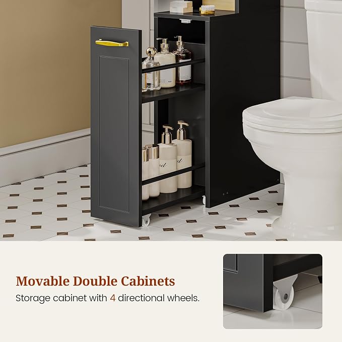 UPOSOJA Over The Toilet Storage Cabinet with Pulley Bathroom Storage Cabinet, Space Saver W/Adjustable Shelf & Open Shelf for Bathroom, Restroom, Laundry (Black)