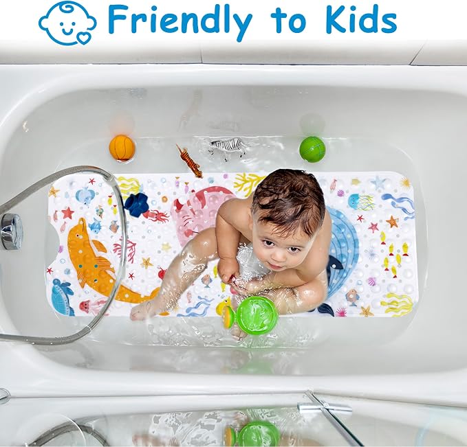 Topotdor Baby Bath Mat for Tub for Kids, 40 X 16 Inch Extra Long Toddler Bathtub Mat Non Slip, Machine Washable Bathroom Shower Floor Mat with Suction Cups & Drain Holes, Sea Animal