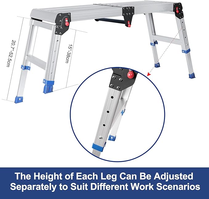 Foldable Aluminum Work Platform, 12.7 lb, Easy-Installation, Capacity of 500 lbs, Non-Slip, Step Stool for Adults with Adjustable Height, Heavy Duty & Portable Step Ladder