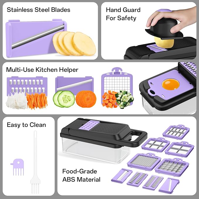 HomeHacks Vegetable Chopper Vegetable Cutter, 15 in 1 Kitchen Gadget, Dicer, Slicer, Onion Cutter, Salad, Cheese Grater & Egg Separator - Multi-Functional Veggie Chopper Lid with Handle (Purple)