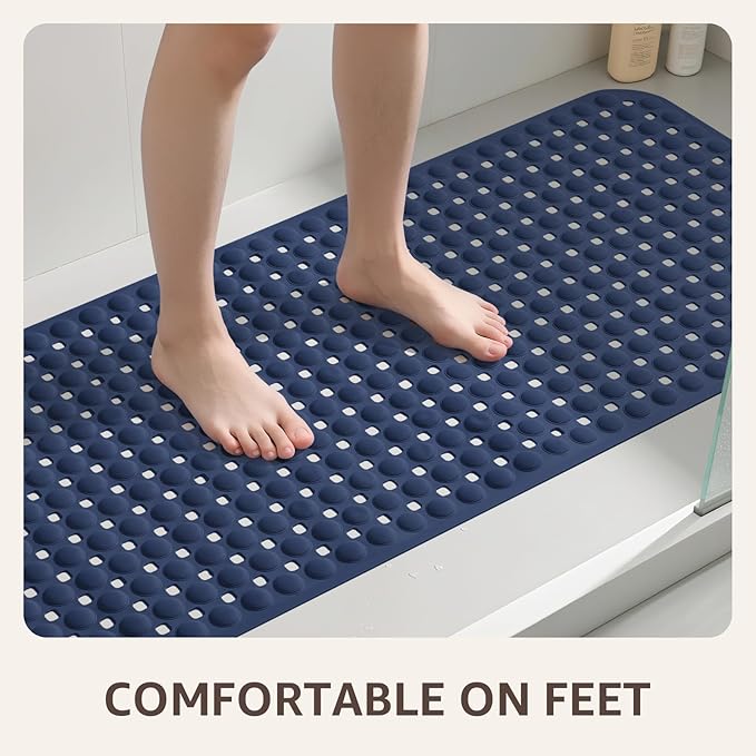 OTHWAY Bath Tub Shower Mat Non Slip, Bathtub Floor Liner Mats for Inside Shower Bathroom, Suction Cups and Drain Holes for Feet Scrubbing, Machine Washable, Soft on Feet, 35x16 Inch, Navy Blue