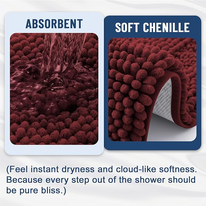 Grandaily Chenille Striped Bathroom Rugs 44x24, Extra Thick and Soft Absorbent Bath Mats, Rubber Backing, Plush Shaggy Shower Carpet, Machine Wash Dry, Bath Rug for Bathroom, Reddish Brown