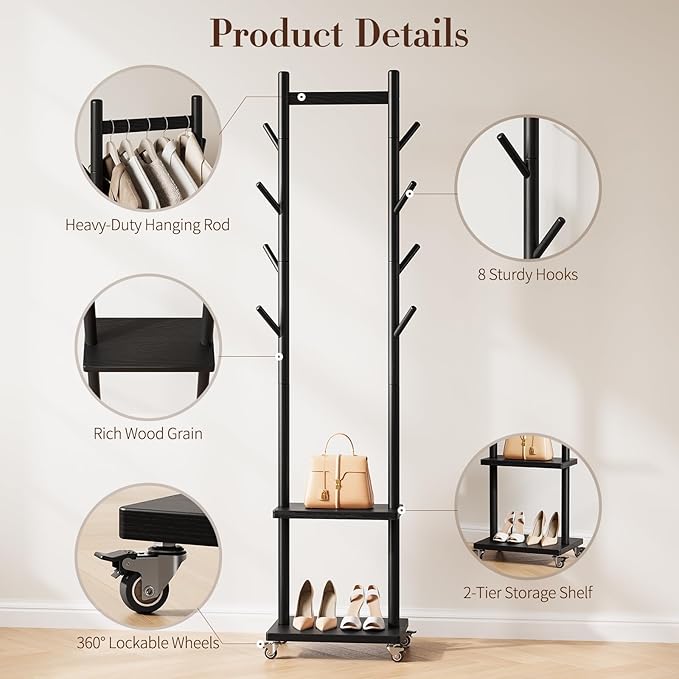 Yoobure Solid Wood Coat Rack Freestanding - Rolling Clothes Rack with 8 Hooks & Shelves, Small Clothing Rack with Wheels, Heavy Duty Clothing Racks for Hanging Clothes, Portable Hall Tree for Entryway
