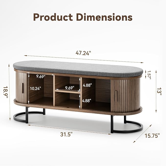 Decofy Storage Bench with Cushion and Sliding Doors, 47.2 Inch Large Entryway Shoe Bench with Sturdy Metal Feet, Multi-Functional for Entrance Hall, Bedroom, Living Room (Walnut)