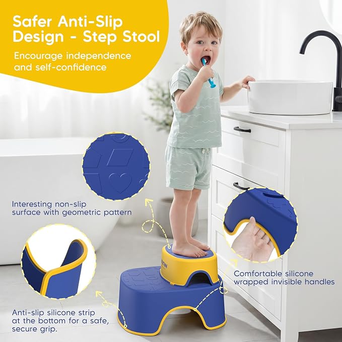 Maliton Potty Training Toilet Seat with Step Stool Ladder for Kids, Toddler Toilet Seat with Anti-Slip Stool for Boys Girls, Toddler Step Stool Set (Blue&Yellow)