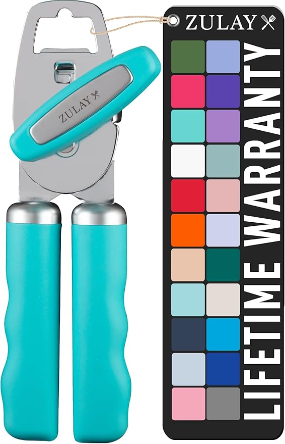 Zulay Kitchen Heavy Duty Stainless Steel Can Opener Manual with Bottle Opener - Rust Proof Manual Can Opener With Turn Knob & Comfy Soft Grip Handles - Turquoise