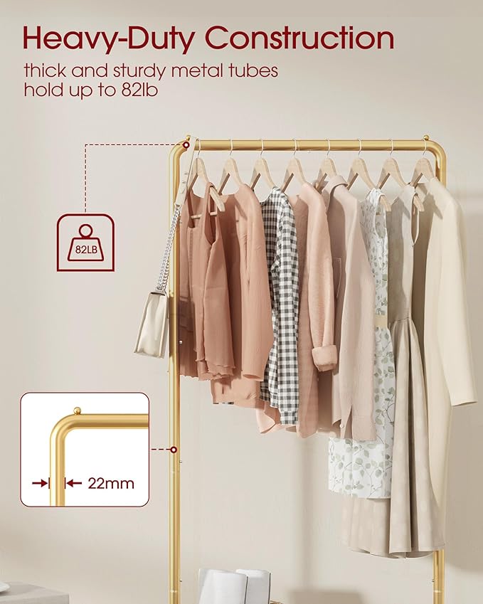 Sakugi Clothes Rack - Clothing Rack with Storage Mesh Shelf & Casters, Heavy-Duty Metal Clothing Rack for Hanging Clothes, Dresses, Coats, Large Load Capacity, Easy Assembly, Gold, 28.0"x16.9"x59.0"