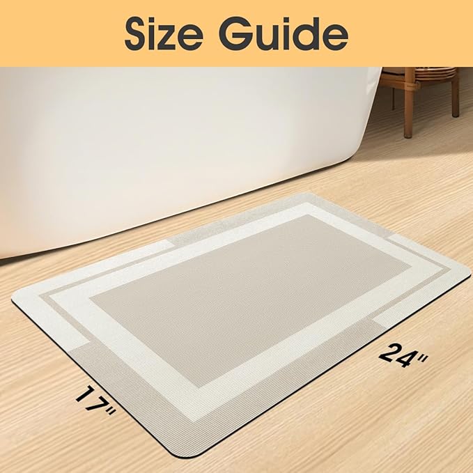 ACCUMTEK Non Slip Bath Mat, Thin Bathroom Rugs Fit Under Door, Quick Dry Bath Mats, Machine Washable Bath Rugs for Bathroom, Bathtub & Kitchen, Bathtub, Light Beige/Bordered/24 x17