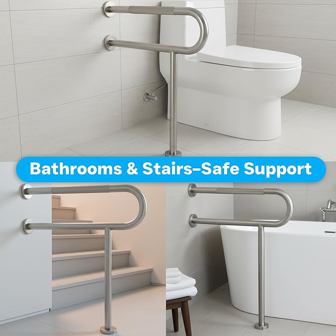 30 Inch Toilet Grab Bar with Leg for Bathroom, Wall & Floor Mounted Stainless Steel Handicap Grab Bar, Brushed Nickel Anti-Slip Knurled Grip, Safety Rail for Elderly, Disabled and Pregnant