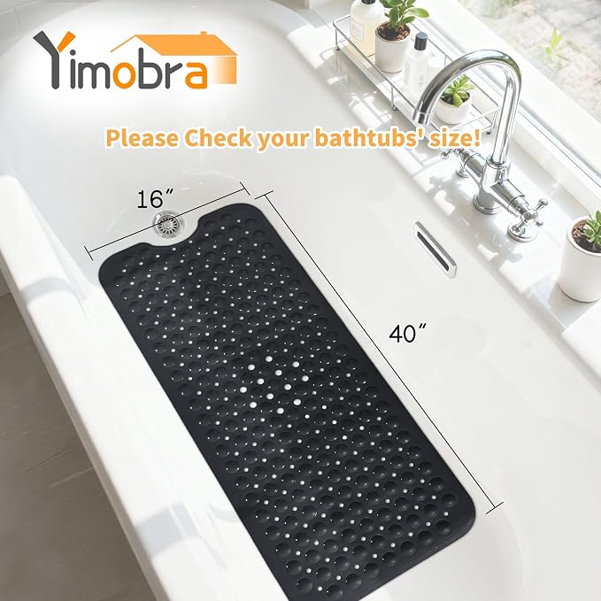 Yimobra Non Slip Bathtub Mat 40 x 16 Inch, Extra Long Shower Mat with Drain Holes, Machine Washable Baby Bath Mats, Strong Suction Cups for Bathroom Floor, Black