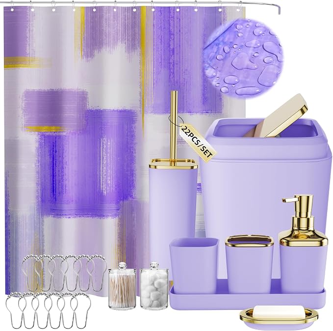 XLHOMO Purple Bathroom Accessories Set, Bathroom Sets with Shower Curtain, Purple Bathroom Accessories with Trash Can, Soap Dispenser, Soap Dish, Toilet Brush Holder, Qtip Holders for Bathroom