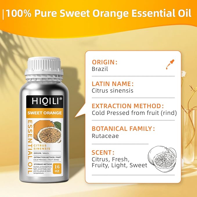 HIQILI 16 Fl Oz Orange Essential Oil, Large Capacity, 100% Pure - 500ml | Air Freshening & Space Cleaning, DIY Raw Material, Skin Care, for Public Toilet, Mall, Hotel, DIY Studio, Beauty Salon
