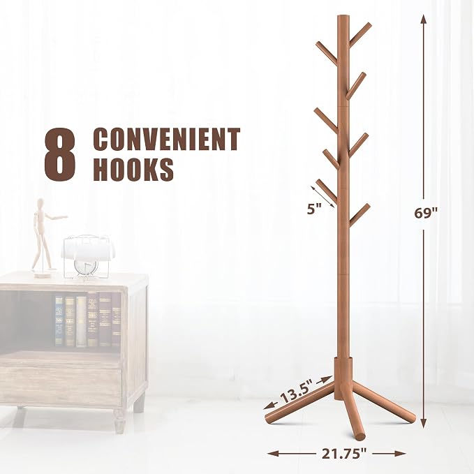 Haddockway Wooden Coat Rack Stand with 8 Hooks New Zealand Pine 3 Adjustable Coat Standing Tree Easy Assembly for Coats, Hats, Scarves and Handbags for Entryway, Hallway, Bedroom, Office,2 PCS