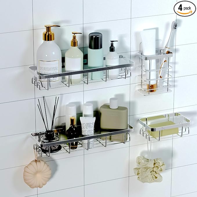 Shower Caddy Organizer with Hooks,Self Adhesive Bathroom Shelves,No Drilling Bathroom Organizers and Storage,Perfect for RV, Apartment, Home Decor,Silvery 4PCS