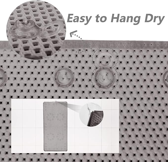 Shower and Bath Mat,Non-Slip Machine Washable and Extra Large Bathtub Mats with Drain Holes and Suction Cups Soft Foam Tub Mats-36” X 17”,Grey