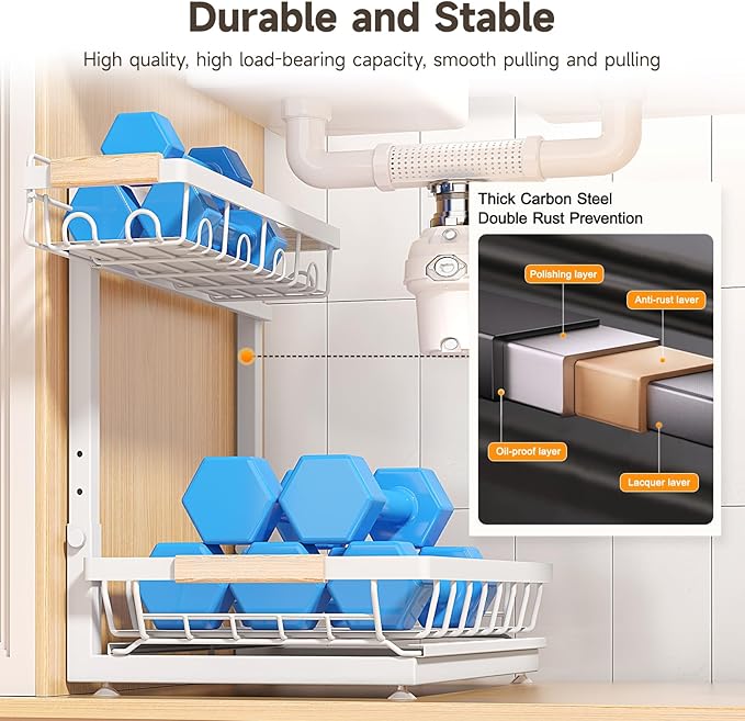 Sevenblue 2 Packs Under Sink Organizer, Height Adjustable 2 Tier Under Kitchen Sink Organizer, Multi-Purpose Storage Shelf for Kitchen Bathroom Cabinet (White, Large)