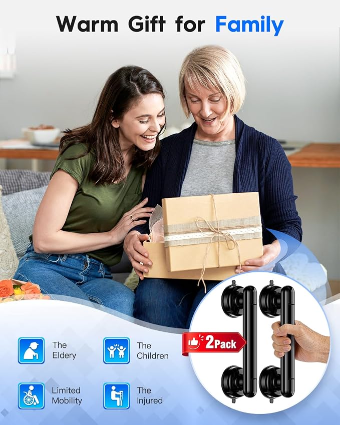Upgraded 2-Pack Grab Bars for Shower Bathroom Wall, Heavy-Duty Suction Grab Bars Shower Handle Safety for Elderly Seniors Handicap, No Drilling Tool-Free, Easy Removal and Reusable (Black)