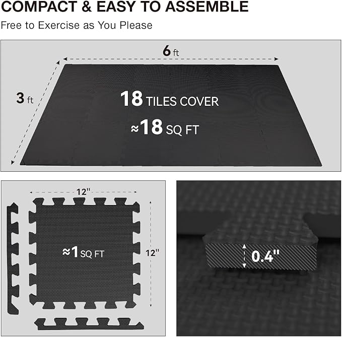 AIRHOP 18 PCS Gym Floor Mat, EVA Foam Puzzle Gym Mat, High-Density Interlocking Foam Floor Tiles for Home Gym, Play Workout Garage Kitchen Flooring 12.6"x12.6"x0.4"