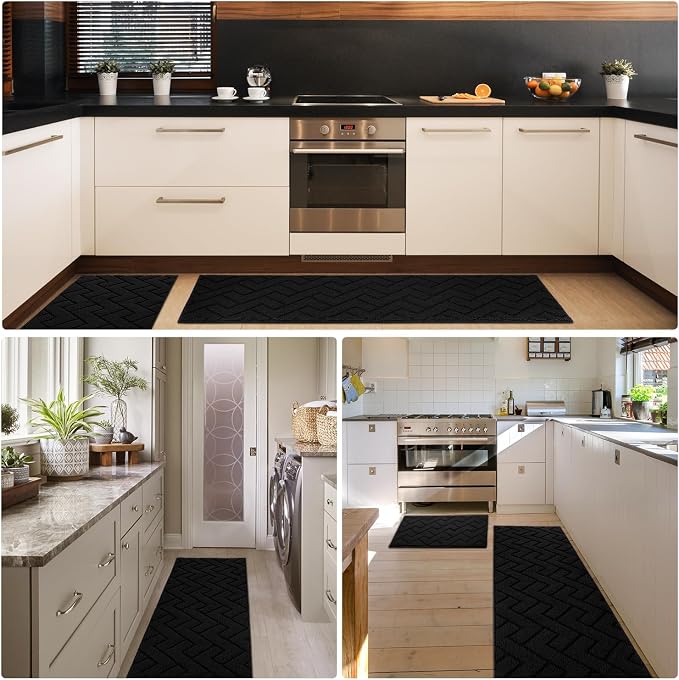 hicorfe Kitchen Runner Rugs and Mats Sets,2 Pieces Absorbent Non-Slip Kitchen Rug,Comfort Kitchen Mat for Floor,Washable for Kitchen,Hallway,Office,Sink,Laundry(24"x71"+24"x35",Black)