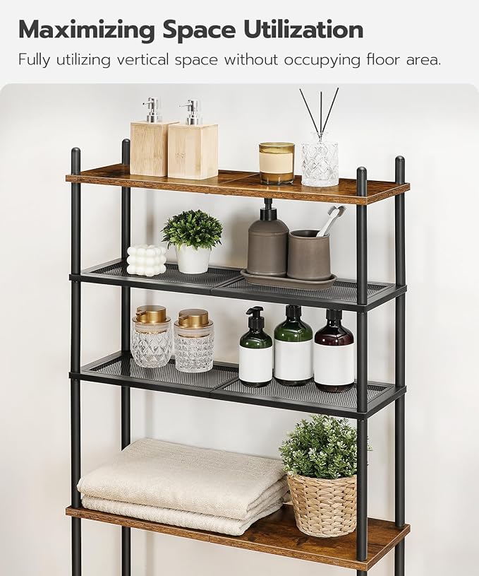 HOOBRO Over the Toilet Storage, 4-Tier Over Toilet Bathroom Organizer, Freestanding Above Toilet Shelf with Adjustable Feet, Space Saving, Easy to Assemble, Rustic Brown and Black BF64TS01