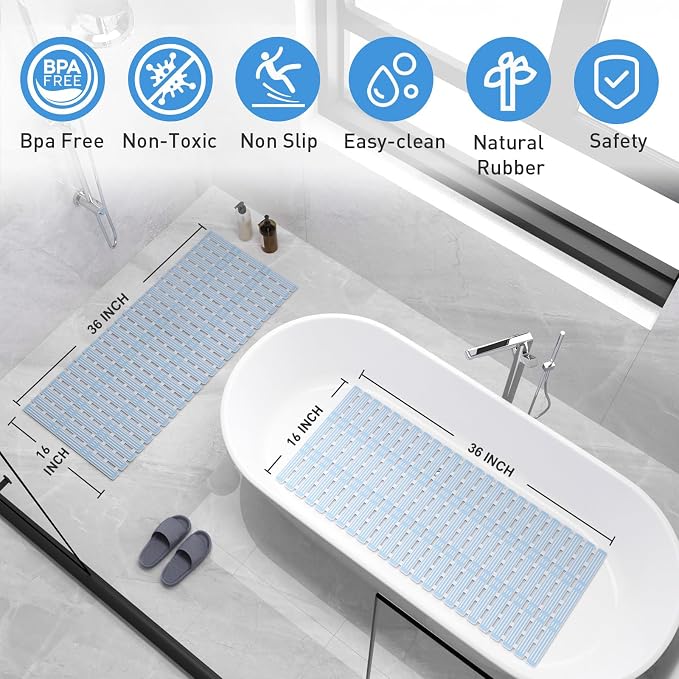 XIYUNTE Shower Mat Non Slip Bath Mat for Tub - 36 x 16 Inch Bathtub Mat Non Slip Shower Mats for Inside Shower, TPE Bath Mat with Suction Cups and Drain Holes, Easy to Cut, Blue