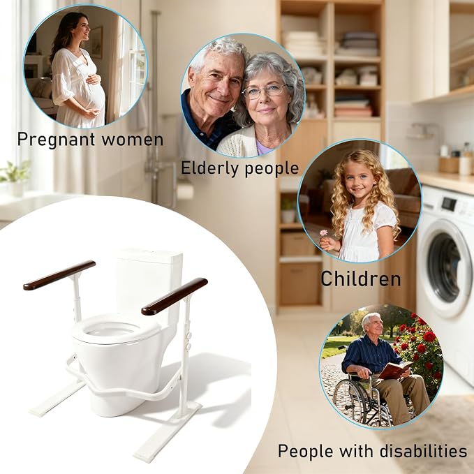Toilet Safety Rails for Seniors - Toilet Safety Frame with Nighttime Reflective Armrests & Base, 3-Speed Height Adjustment, Toilet Support Frame Fits Most Toilets (Brown)