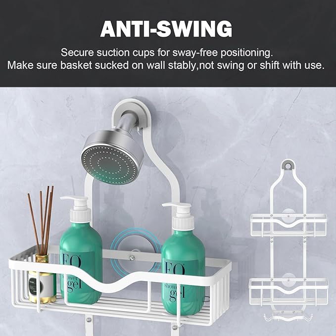 Shower Caddy Hanging, Bathroom Shower Rack, Bathroom Organizer with Soap Dish, Over The Showerhead Caddy with Hooks for Razor/Sponge, Soft White (Assembly Required)