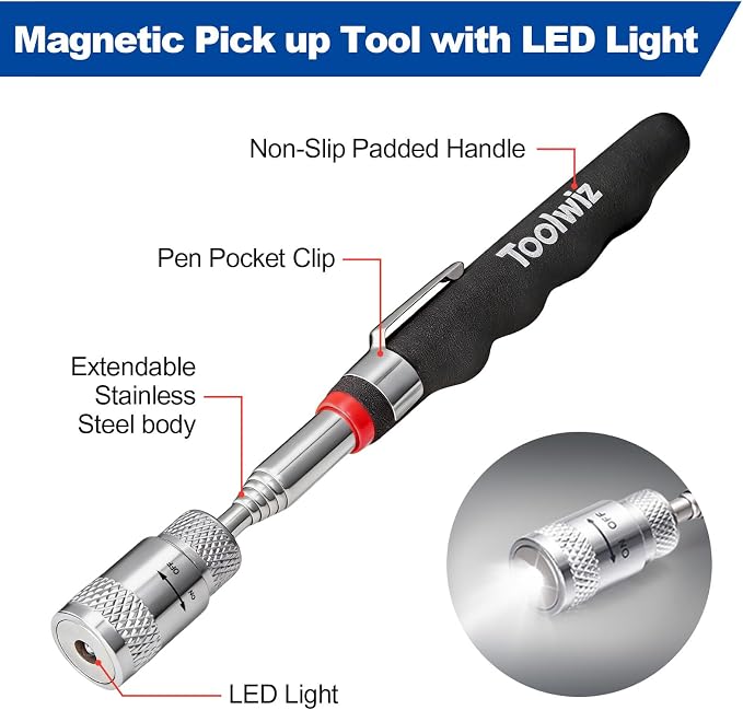 Toolwiz 17" Rolling Magnetic Sweeper 10lbs, with 8 lbs Telescopic Magnetic Pick Up tools with LED light–Lightweight Pick-up Sweeper with Wheels for Nails, Screws & Metal Debris Home Use Workshop