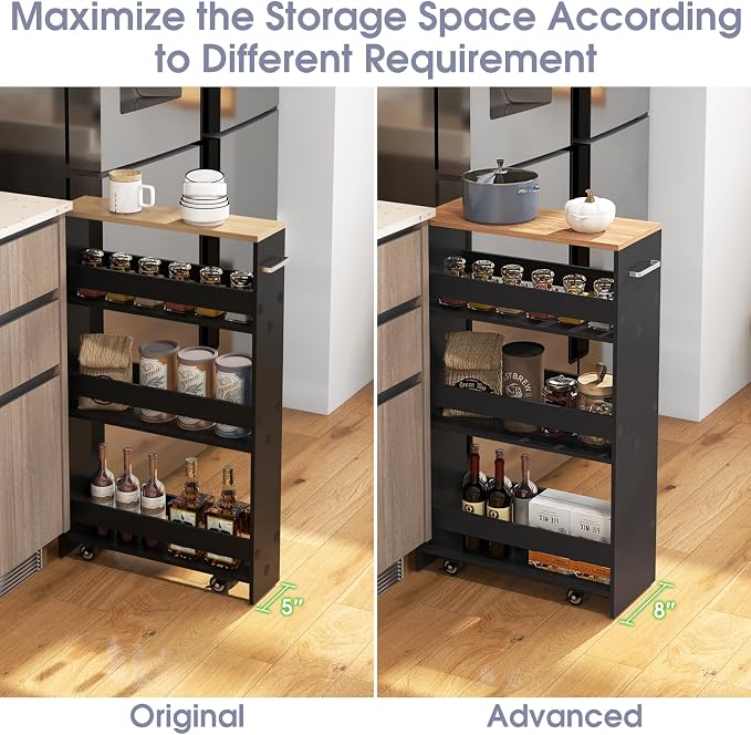 Giantex 4 Tier Rolling Slim Storage Cart, 8" Narrow Slide Out Kitchen Cart w/Handle & Open Shelves, Space-Saving Compact Mobile Utility Trolley for Small Space Laundry Room (Black & Natural)